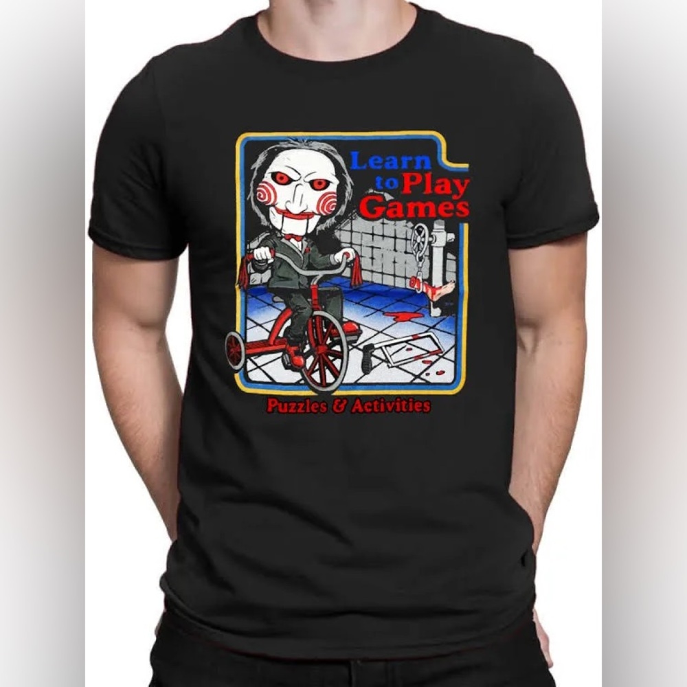 SAW Black Crew Neck Short Sleeve Shirt “Learn to Play Games” Billy Jigsaw